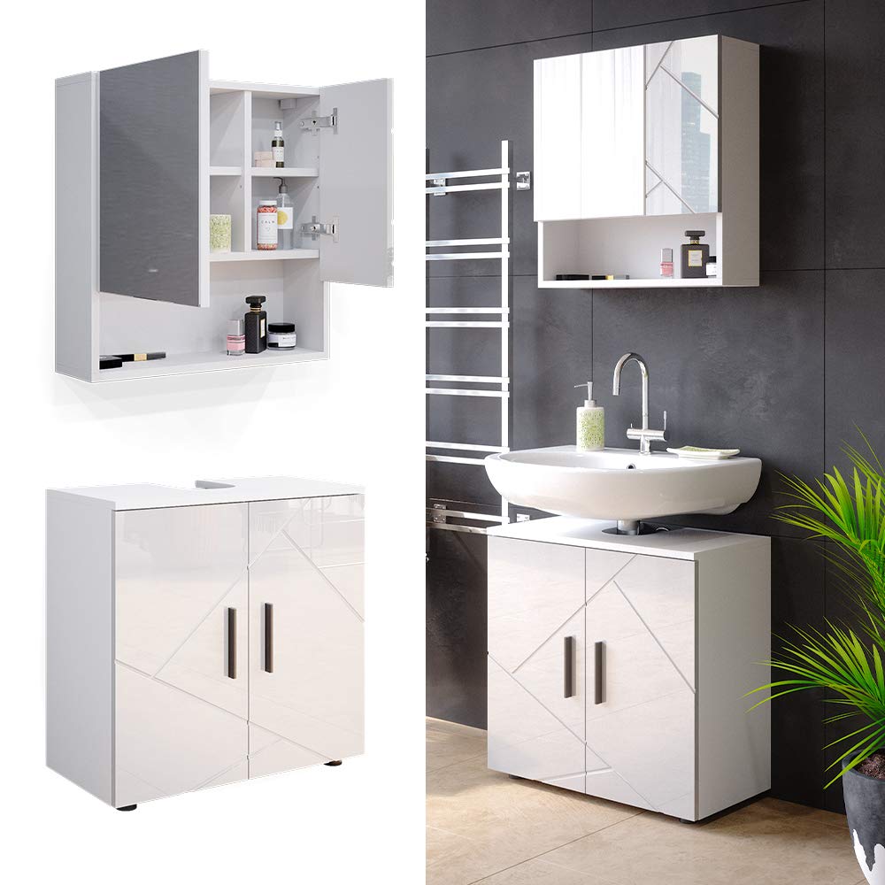 Vicco Set mobili bagno Irma, Bianco lucido, 80 cm, composto da specchio da bagno e mobile sottolavabo