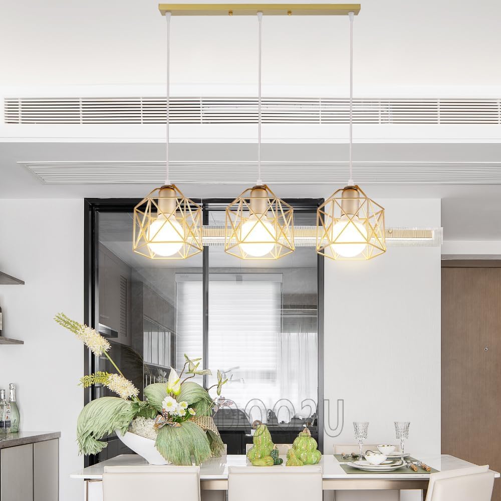 Lampadario a Sospensione Vintage 3 Luci Industriale E27 Plafoniera Retro in Metallo gabbia Lampada da soffitto per Cucina Salotto (Oro - con una barra)