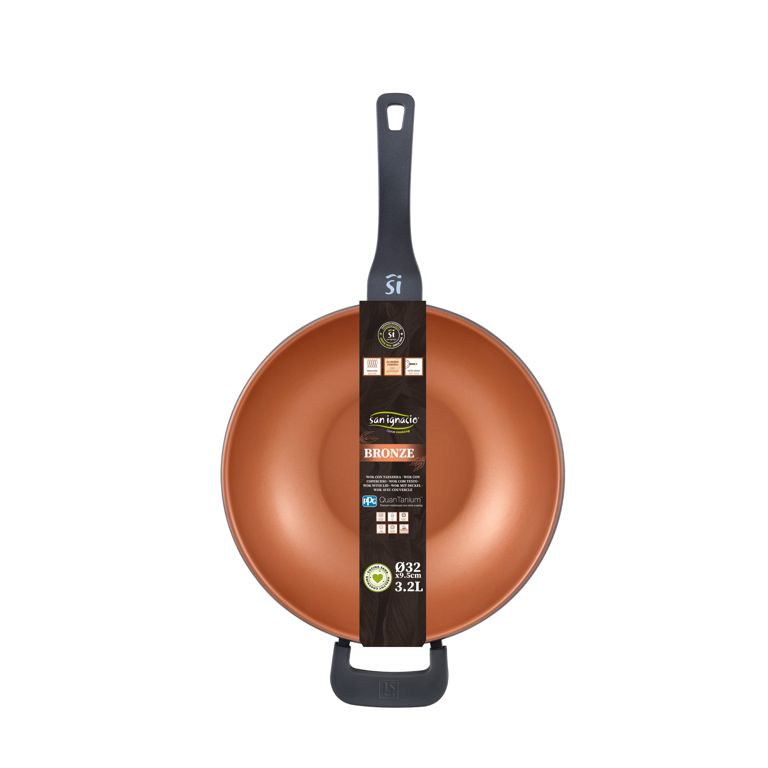 SAN IGNACIO Bronze - Wok de Cocina de 32 cm Antiadherente de Aluminio Fundido - Mango Soft Touch - Sin Tóxicos - Para Inducción, Vitroceramica y Todo Tipo de Cocinas
