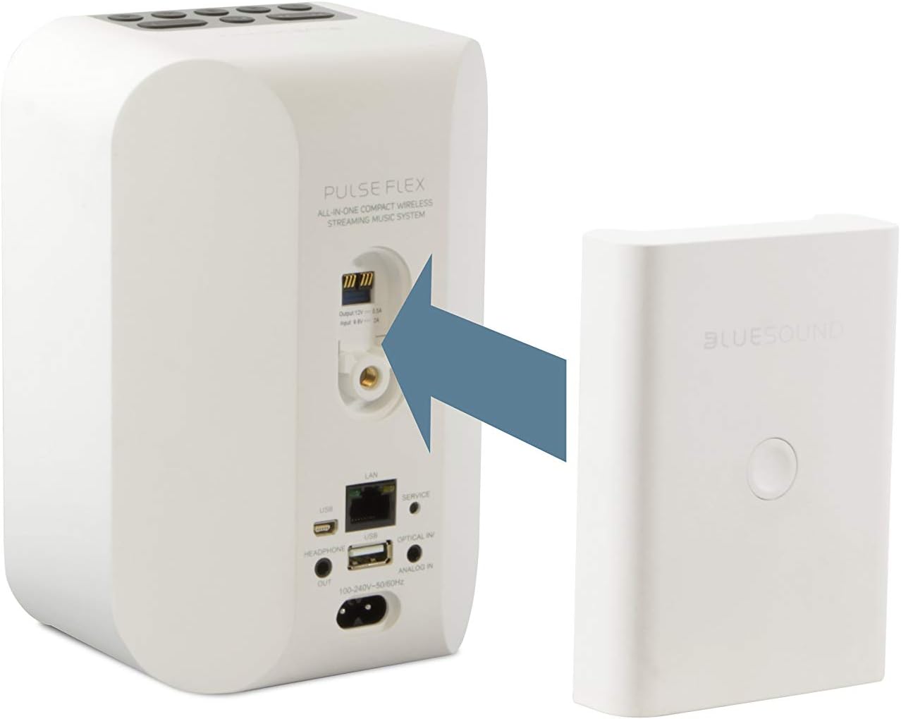 Illustration of the BP100 battery pack being attached to the rear of the speaker