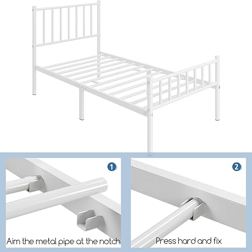 Miniatura 8 de Topeakmart Base de cama individual de metal blanco con cabecero y estribo, base de cama de plataforma individual, resistente, no necesita somier,