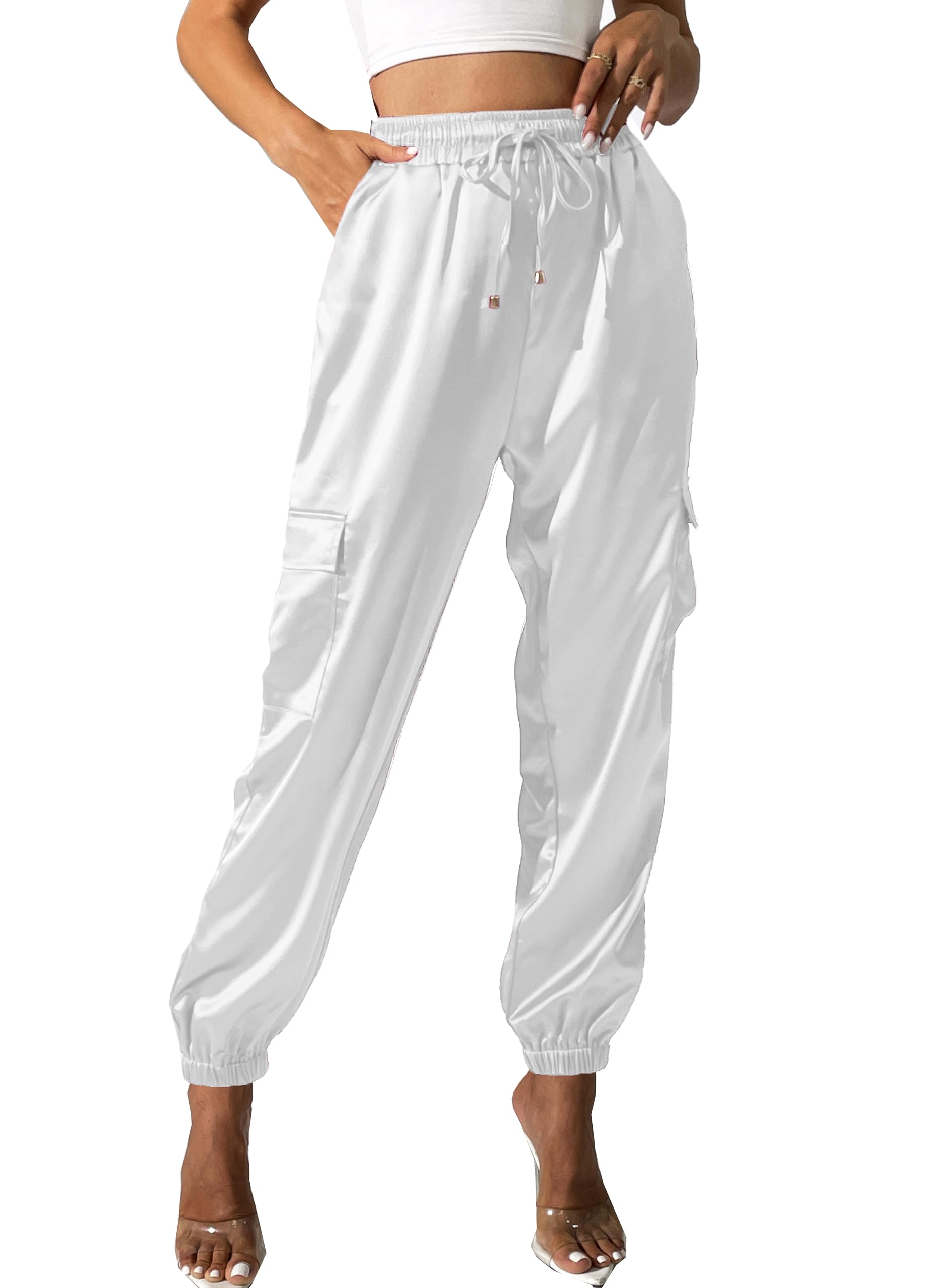 Damen Satin Cargo Jogger Pants Dressy Casual Silky Elastic High Waist Hose