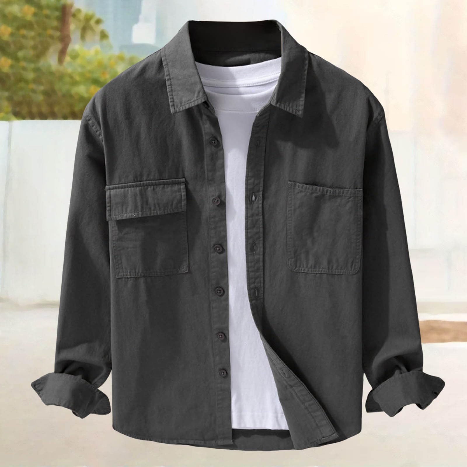 Camicia per il tempo libero, da uomo, in cotone, a maniche lunghe, tinta unita, da lavoro, da spiaggia, casual, elasticizzata