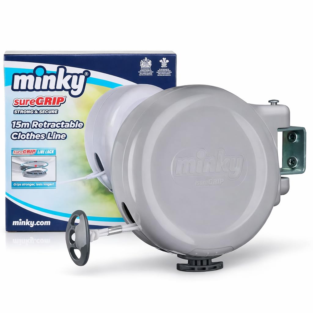 Minky SureGrip 15m Retractable Clothes Line – Single Line Wall Mounted Washing Line with Strong Lock System, Indoor & Outdoor Laundry Drying Line, Space Saving Pull Out Clothesline for Home & Garden