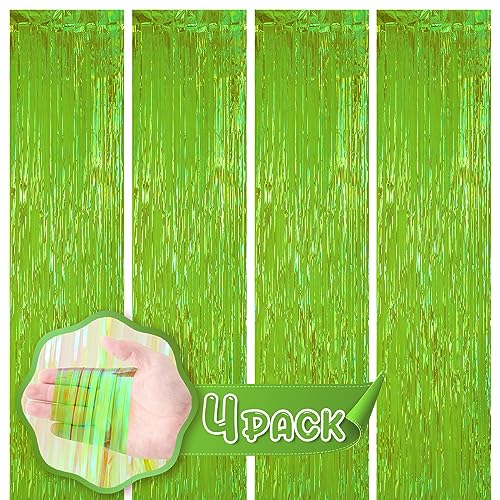 Image of Voircoloria 4 Pack 3.3x8.2 Feet Neon Green Foil Fringe Backdrop Curtains, Tinsel Streamers Birthday Party Decorations, Fringe Backdrop for Graduation, Baby Shower, Gender Reveal, Disco Party
