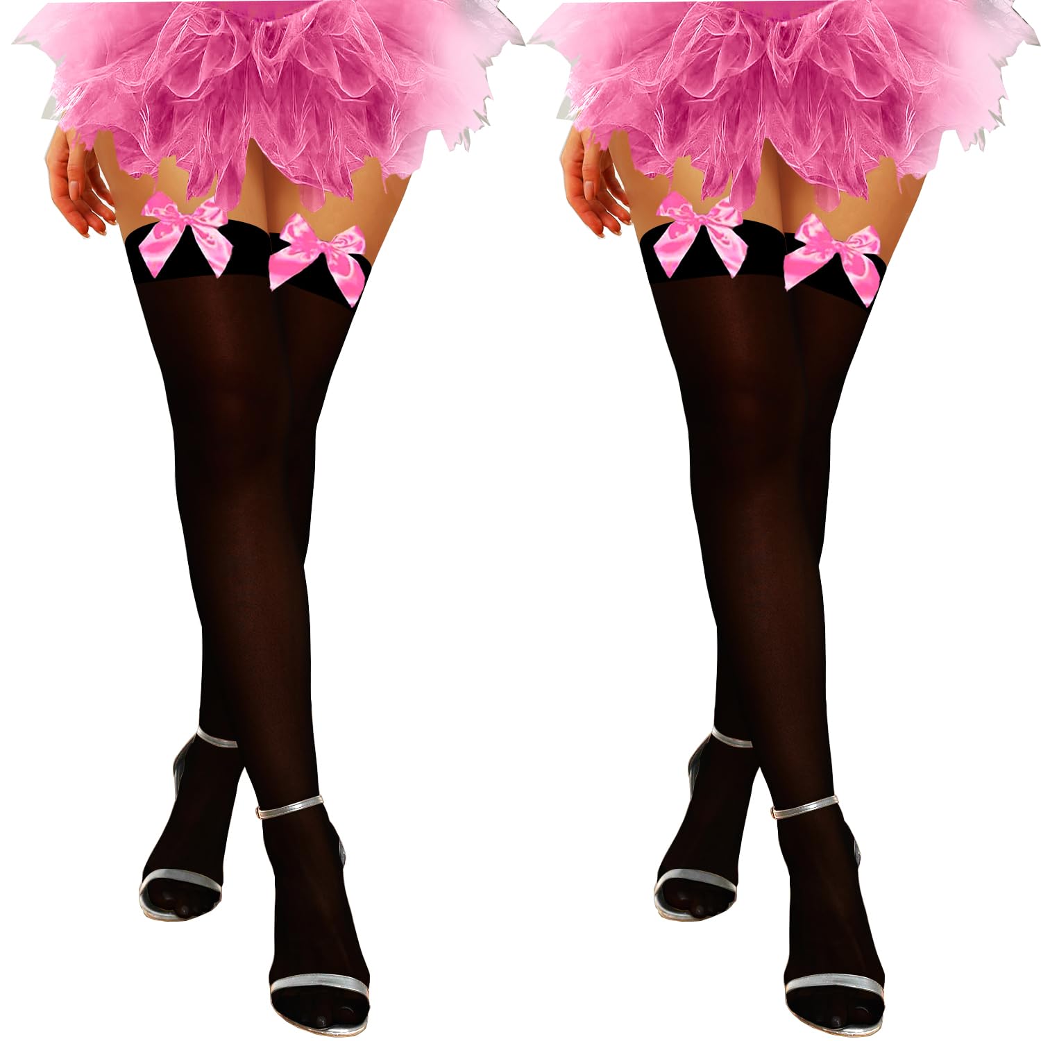 K Bkvava Women's Black With Pink Bows 2 Pairs Bow Thigh High Stockings Satin Bow Over The Knee Highs Socks,