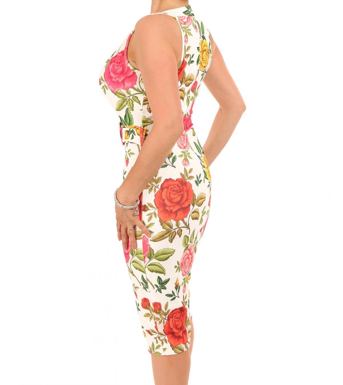 Blue Banana Robe Femme Crayon Fleurie sans Manches, Longueur Genou, avec Ceinture