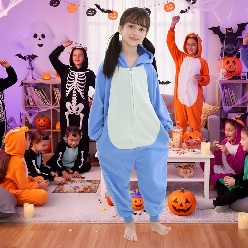 Pyjama Une pièce Bleu à Motif Dessin, Pyjama Doux en Polaire avec Capuche, grenouillère Amusante et Confortable