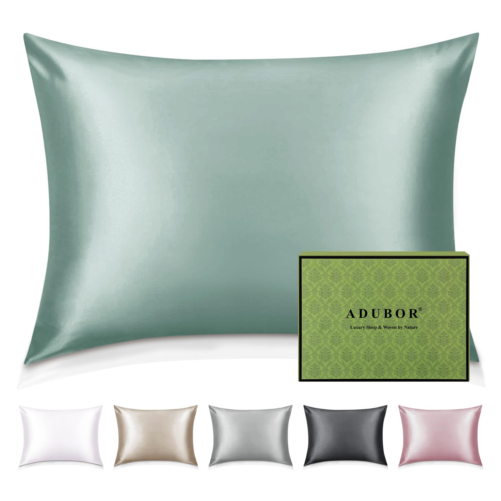 Adubor 100% Seidenkissenbezug 40x80cm für Haar und Haut, mit verstecktem Reißverschluss, beide Seiten, 22 Momme Seide, Fadenzahl 900 (Aquagrün, 1 Stück)