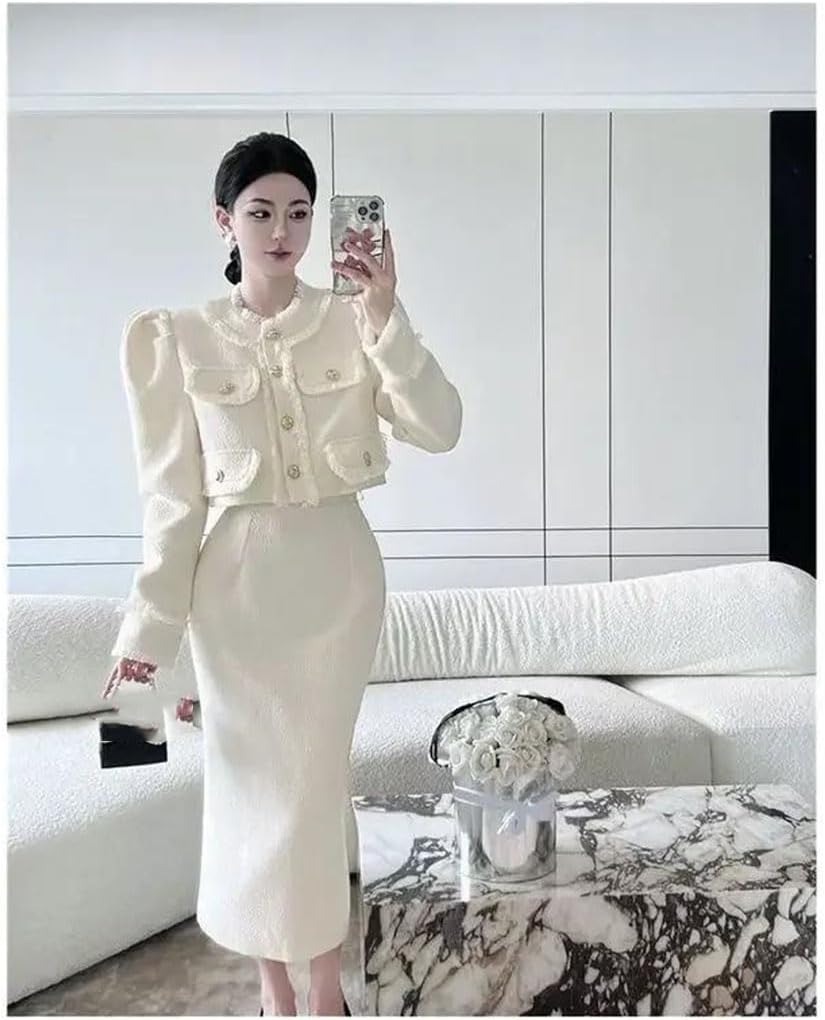 Women 2-Piece Set Skirts Jackets Stand Neck Tweed Short Coat Long Sleeve Korean Outwear Tops Causal Elegant Jacket