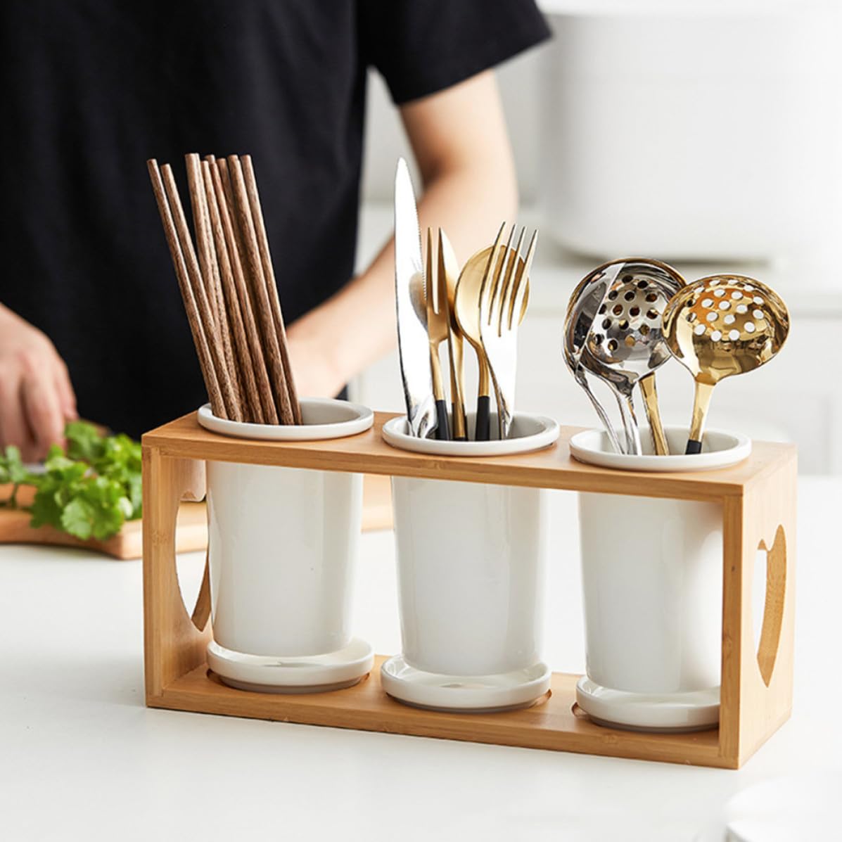 Angoily Organisateur de Couverts Solide et Élégant et Design Drainant en Céramique et Bois 3 Compartiments pour Rangement Pratique Porte-ustensiles Cuisine