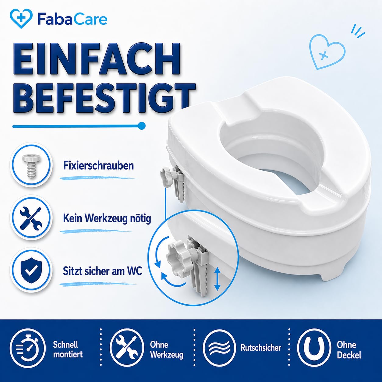 FabaCare Toilettensitzerhöhung Smart 10 cm ohne Deckel, 250 kg belastbar | WC-Erhöhung mit Hygieneausschnitt, Fixierschrauben und rutschsicherem Toilettenaufsatz