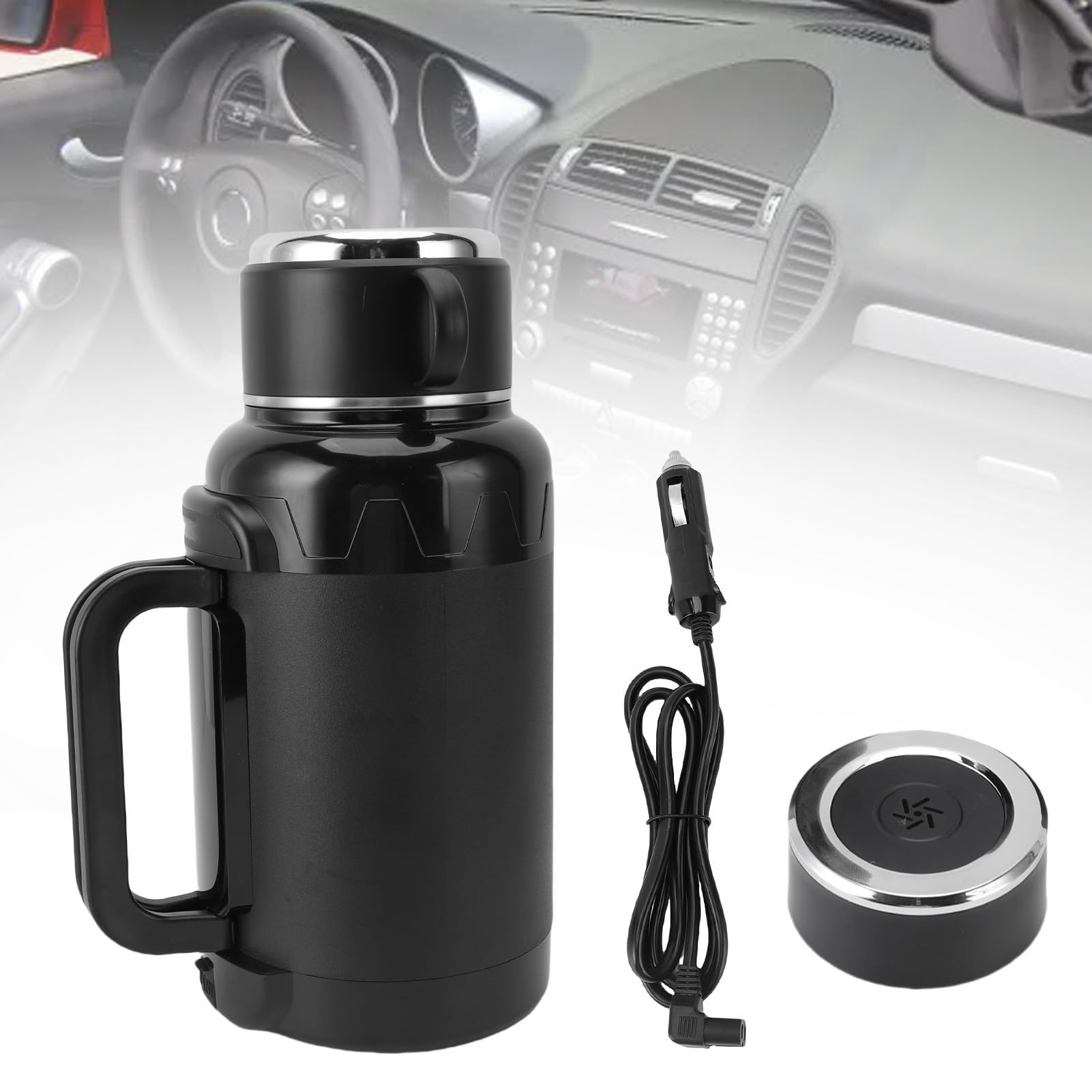 Elektrischer Wasserkocher für das Auto, 1500 ml, Edelstahl-Reisewasserkocher, LED-Temperaturanzeige, Heißwasserkocher für das Auto mit klappbarem Griff für Lkw und Pkw