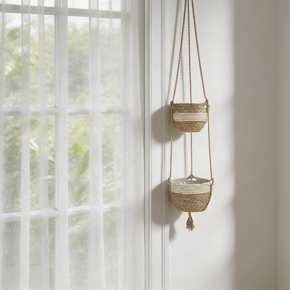 Panier suspendu en osier beige pour pot de fleurs d'intérieur et extérieur