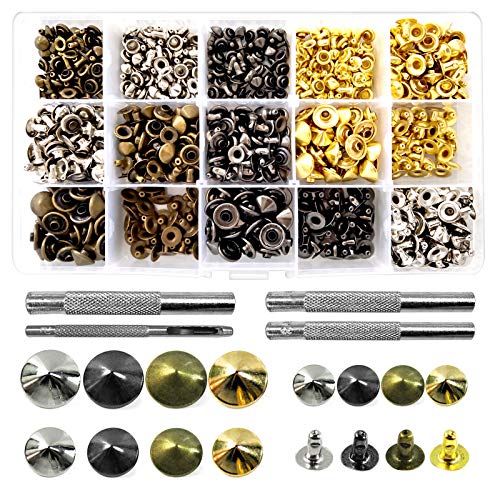Leather Rivets Kit, AngelaKerry 360 Sets Four-Jaw Sharp Dome Rivets Leather Studs with Setting Tools for Leather Repair and Crafts, 4 Colors and 3 Sizes