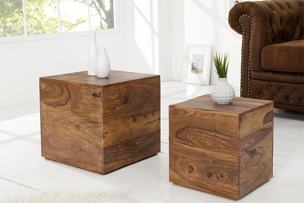 invicta INTERIOR 2er Set Beistelltische Würfel MAKASSAR Sheesham Stone Finish Couchtische Satztische Würfeltische Tischwürfel Holztische Tischset
