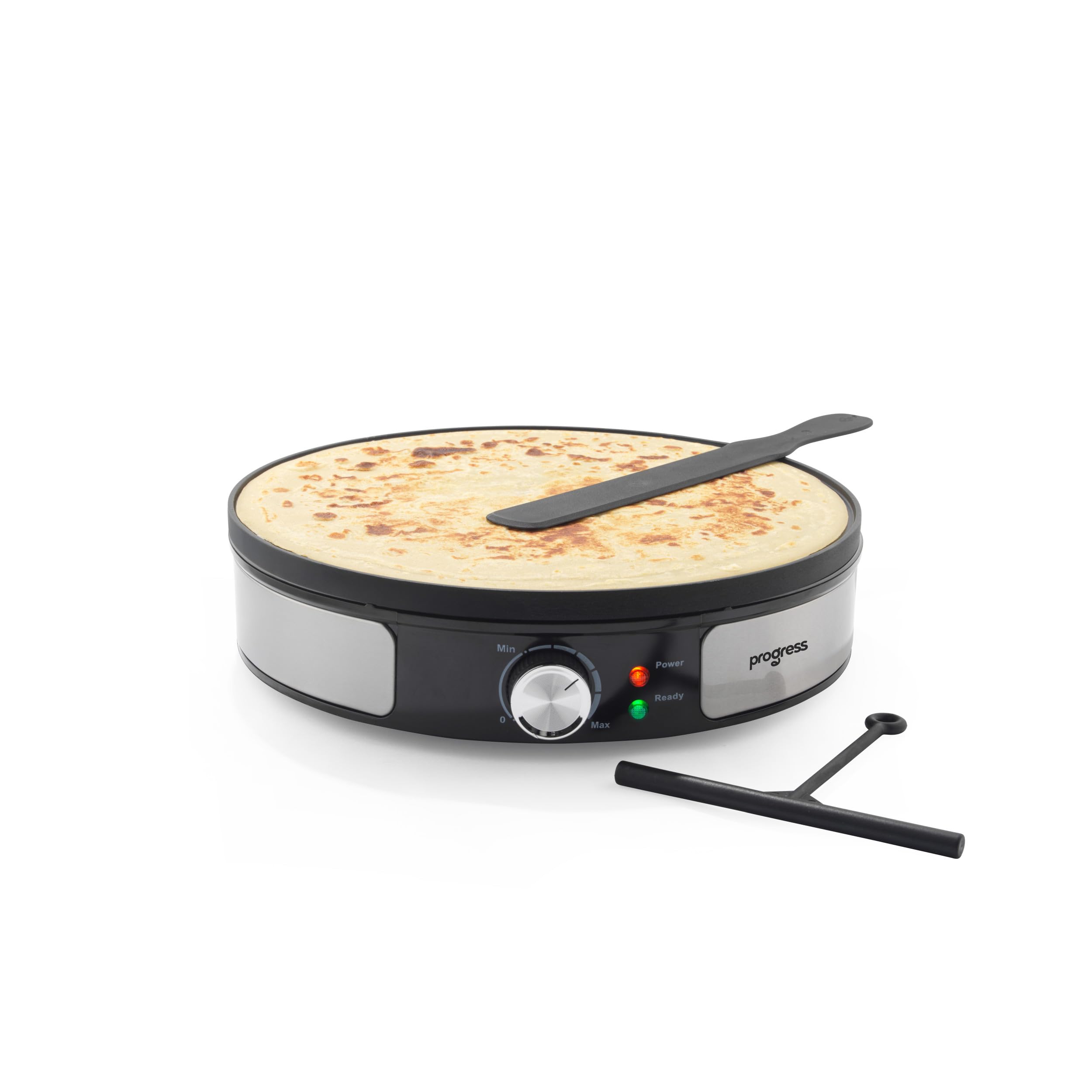 Progress Crepe Maker Reversibile – Piastra di Cottura 30 cm, Inserto per Pancake Scozzesi, Rivestimento Antiaderente, Spargitore di Pastella e Spatola, Controllo della Temperatura Regolabile, 1000W