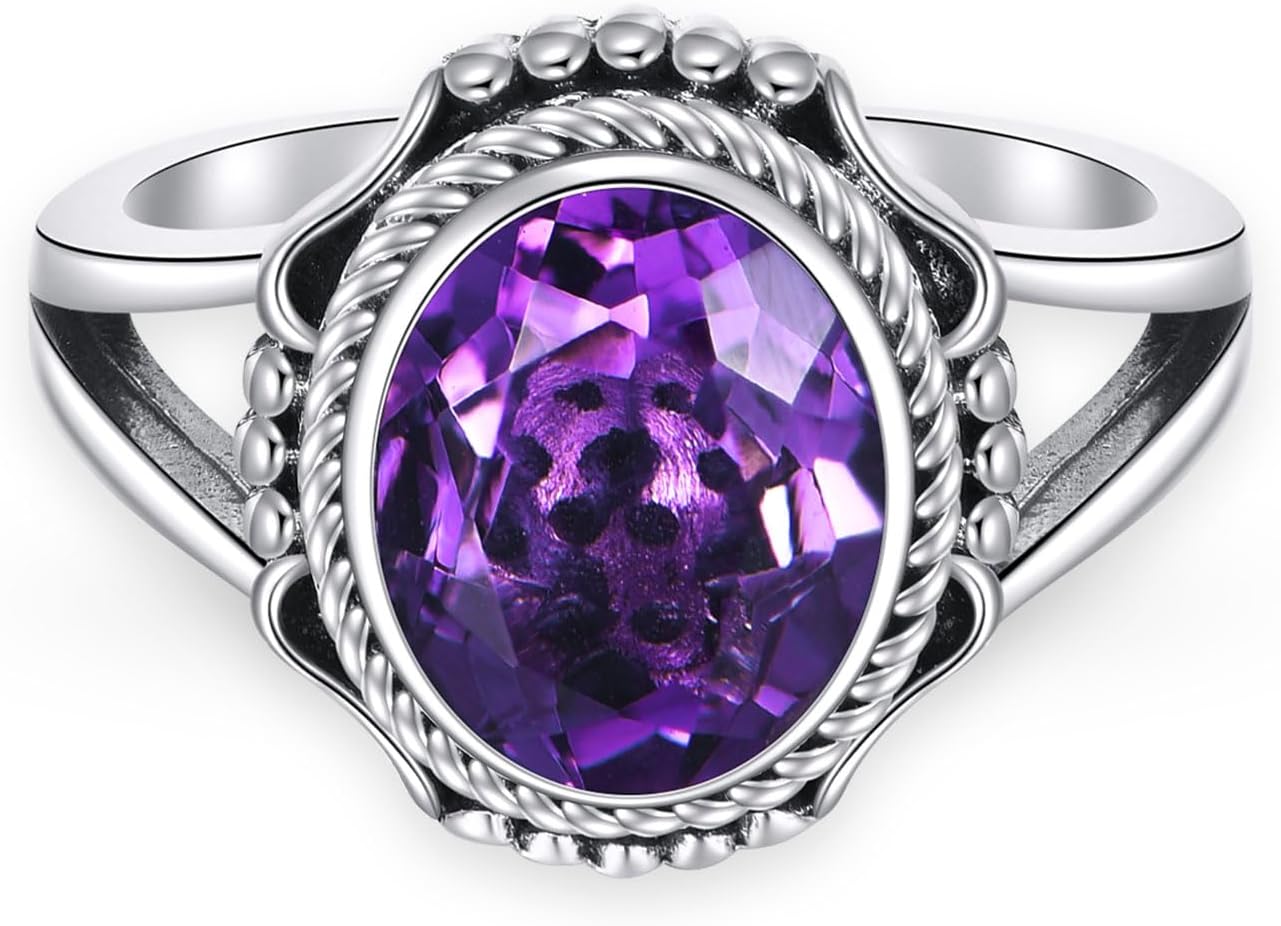 Natural Amethyst Promise Ring for Women 10 * 8mm Oval Shaped Real Amethyst Rings 925 Sterling Silver Vintage