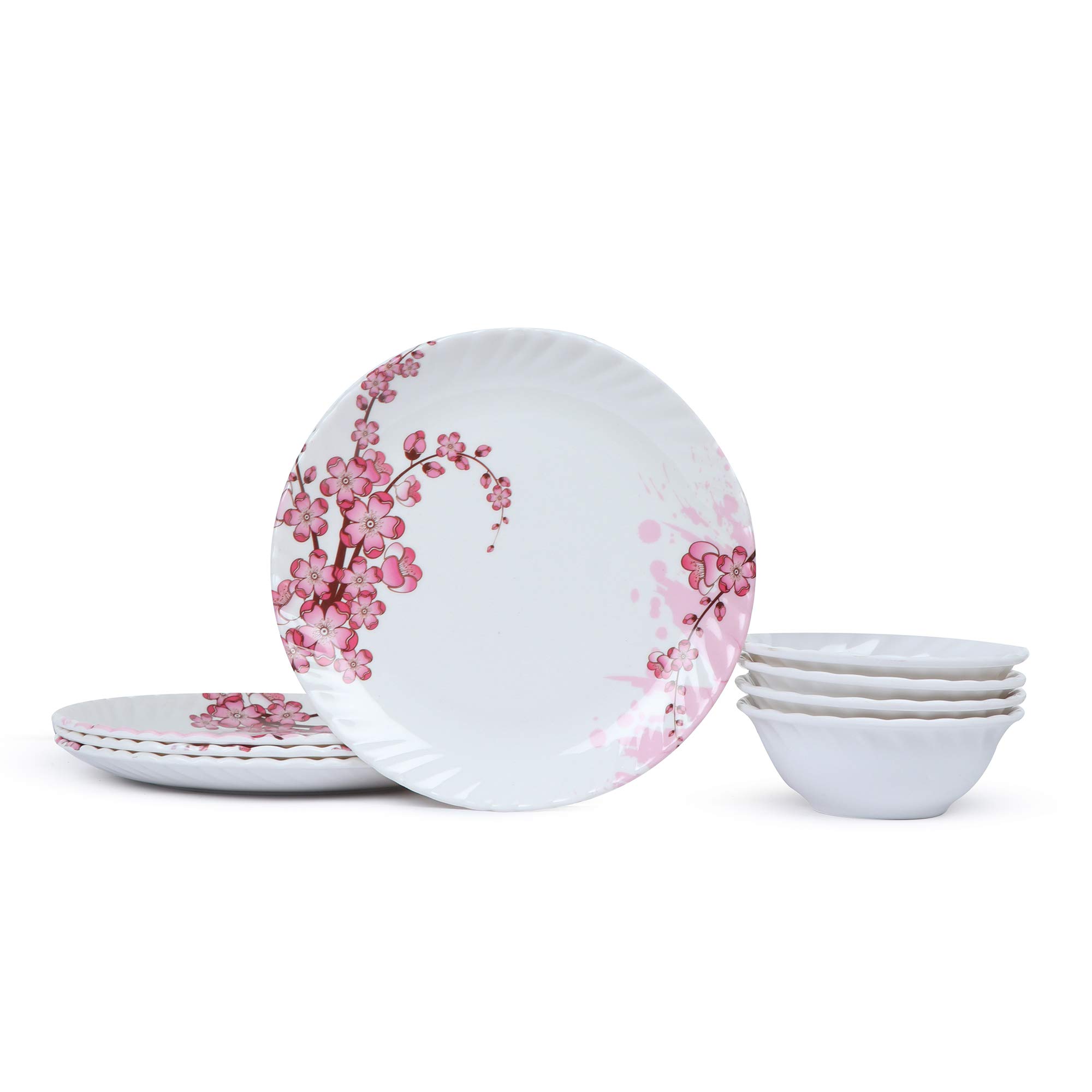 Golden Fish Marry-Gold Melamine Round Full Dinner Plates & Veg. Bowl (Pack of 8, 11 Inches, Floral Print) (M-FPB-9-8)