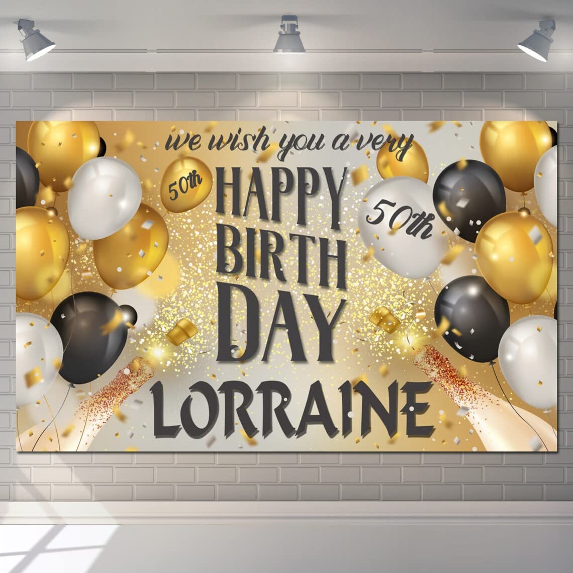 Personalised Happy Birthday Backdrop Background Banner Black and Gold Sign Poster Fabric Glitter Cloth Curtain Party Decorations man woman…