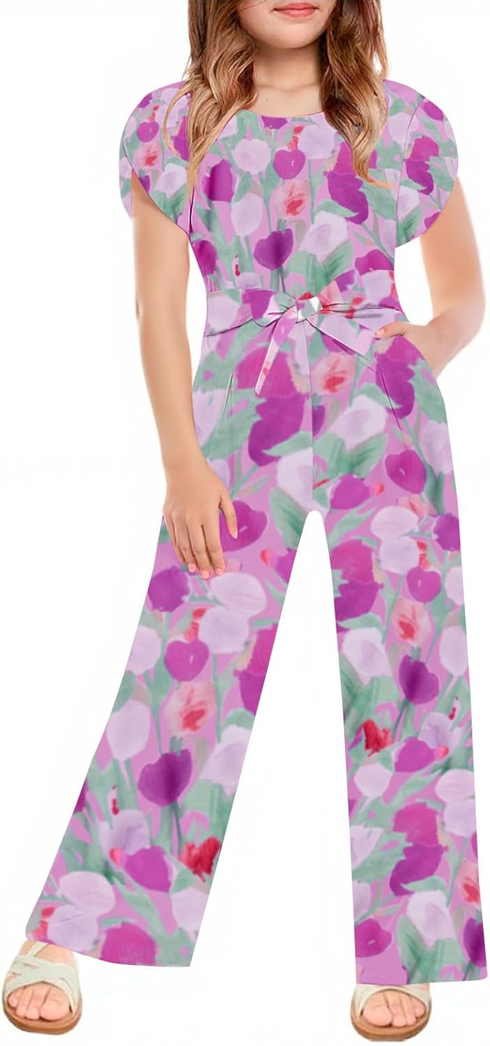 Haloumoning Girls Floral Jumpsuit Kids Fashion Short Sleeve Belted Wide Leg Romper One Piece Outfits with Pockets