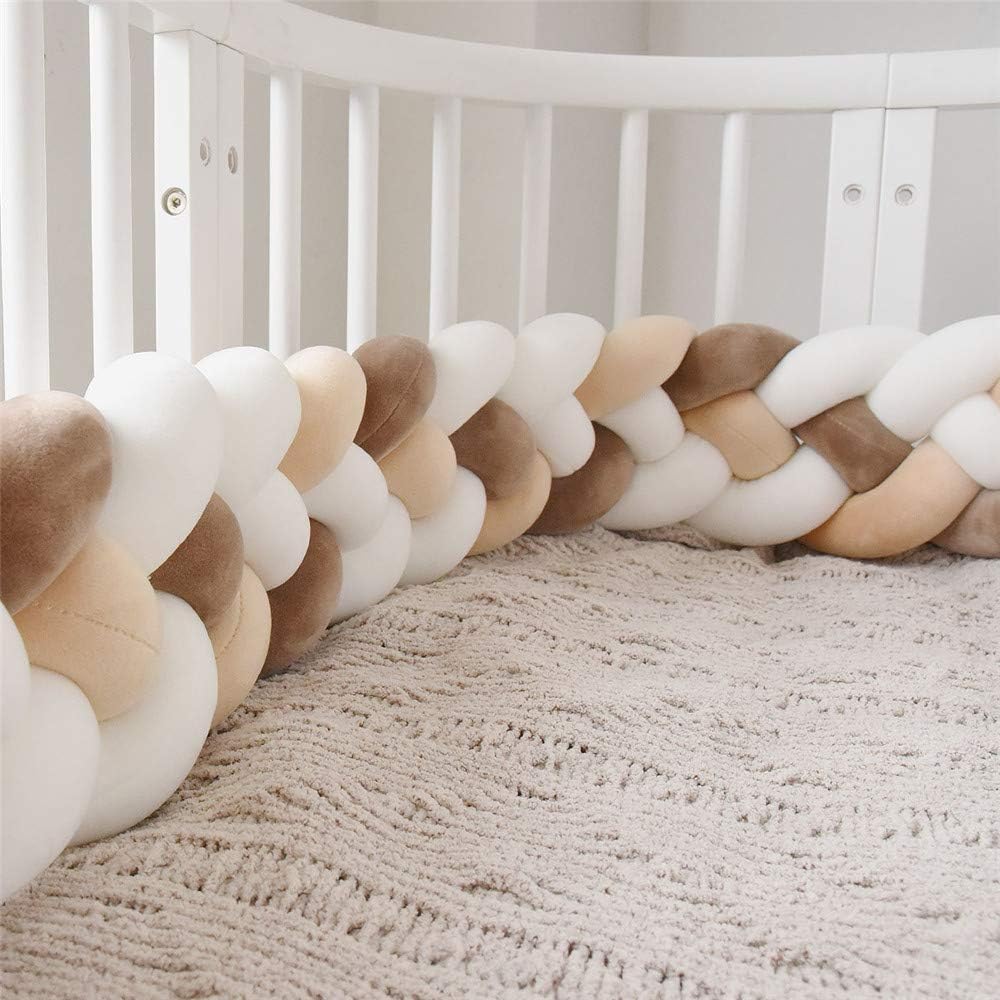 CULASIGN Cot Bumper Baby Bed 4 Weaves Cot Bumper Knot Cushion Edge Protection Head Guard Bumper Crib Braided Decoration 2.2 m (Milk White/Light Brown/Beige)