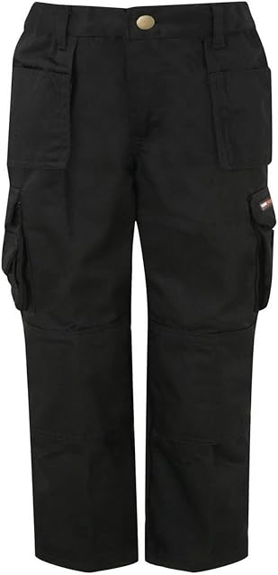 Tuffstuff Childrens Kids Pro Work Junior Childs Trousers Kneepad Pouches & Mobile Pocket Triple Stitched & Double Thickness On The Back Pockets With Tuck Away Pockets School Camping Trips Casual 711J Black 7-8 Years