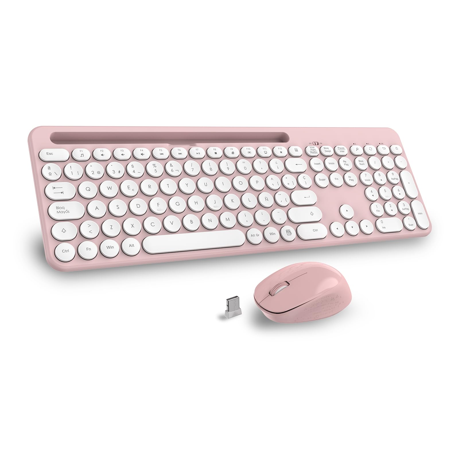 LeadsaiL K933 Teclado y Raton Inalámbrico Español QWERTY, Pack de Teclado Raton Inalambrico Ergonómico, Silencioso con Soporte para Teléfono, Tamaño Completo, para Mac, PC, Ordenador Portátil-Rosa Global Recycled Standard Global Recycled Standard Global Recycled Standard