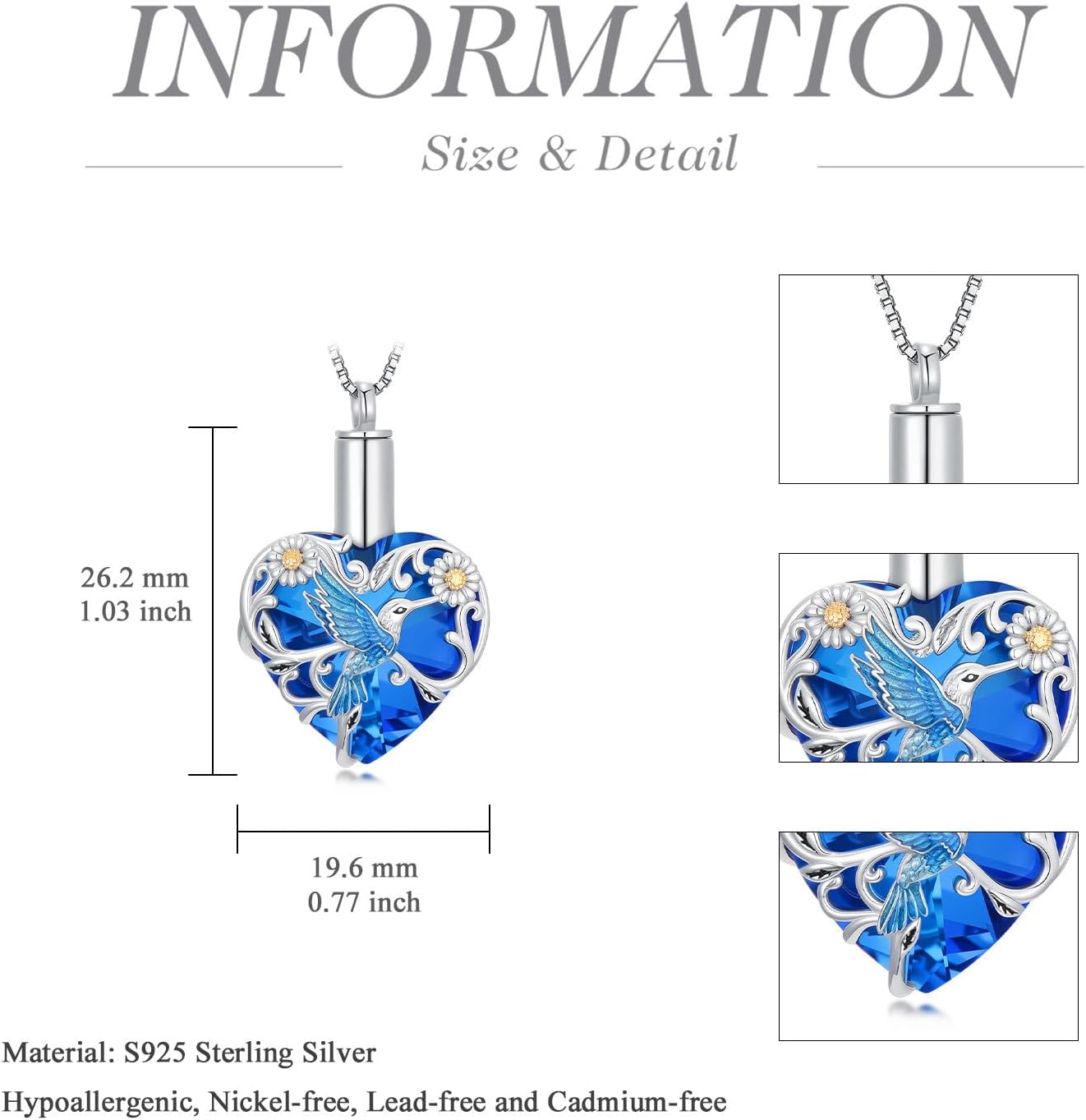 Hummingbird/Dragonfly/Bee/Butterfly/Dog/Cat Heart Urn Necklaces for Ashes 925 Sterling Silver Cremation Necklace Pendant Keepsake Necklace Memorial Jewelry Gifts for Women