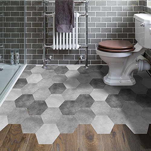 Hexagonal Floor Tile Stickers Non-Slip Gray Decal Peel and Stick for Kitchen Bedroom Bathroom Balcony, Waterproof Vinyl