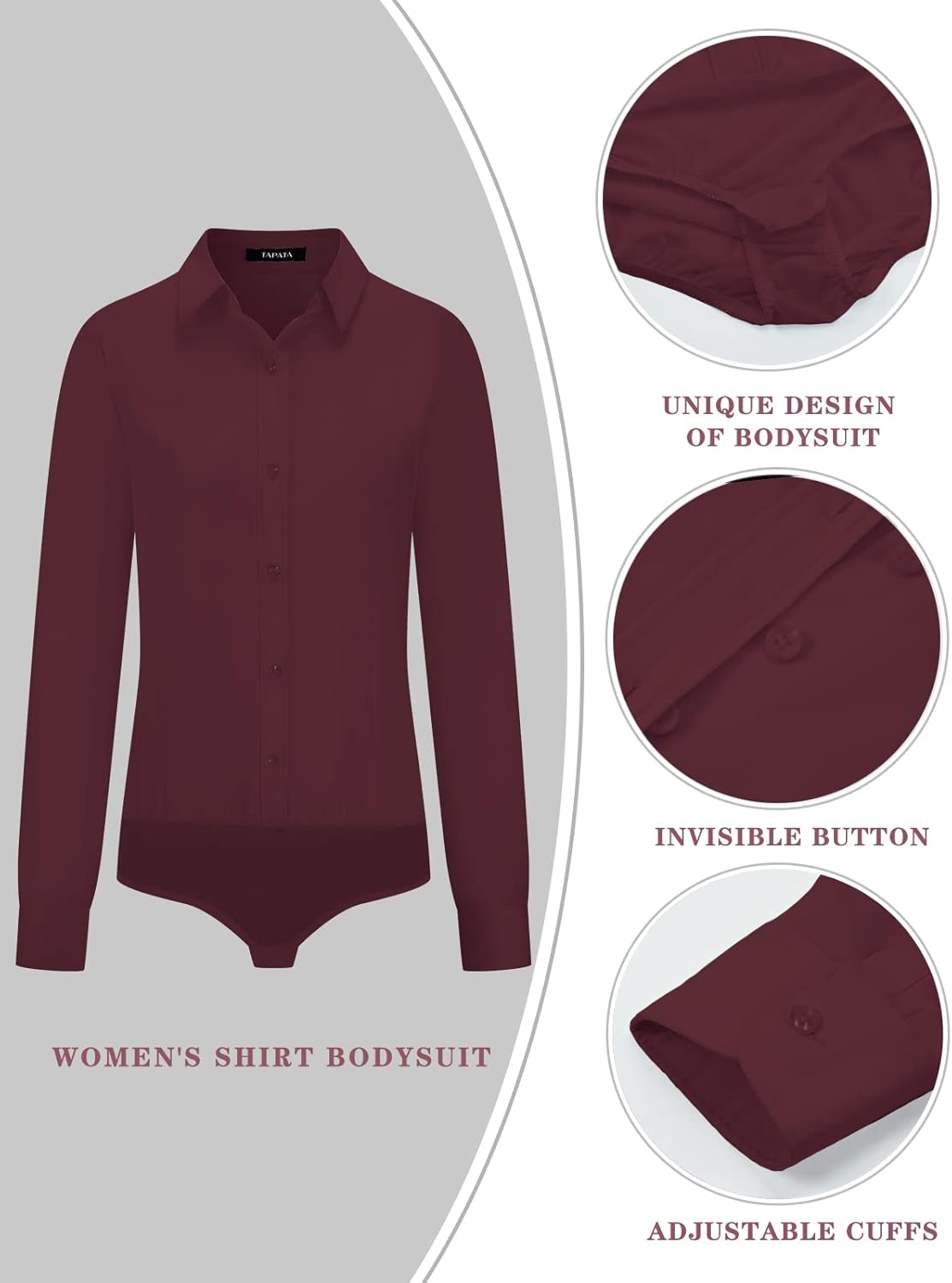 Tapata Womens Bodysuit Blouse Button Down One-Piece Long Sleeve Solid Office Work Shirt Casual Tops - Image 3