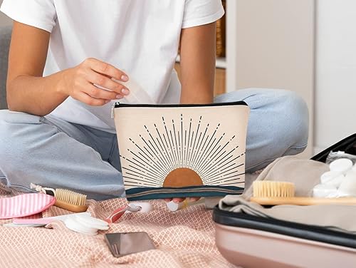 Miniatura 4 de Bolsa de maquillaje abstracta bohemia con diseño de amanecer y atardecer con paisaje oceánico, arte moderno de mediados de siglo, la mejor idea de