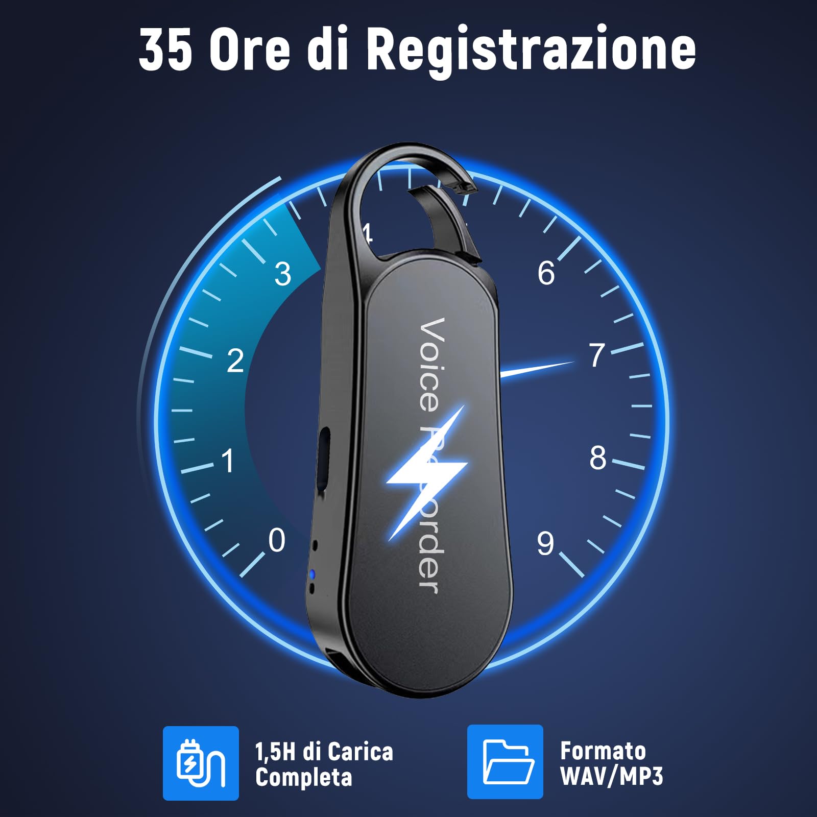 Registratore Vocale Mini–Design a Portachiavi, 35 Ore di Registrazione, Custodia in Metallo, Audio Hi-Fi 1536KBPS, Registrazione con un Solo Tasto, Registratore Attivato per Riunioni... (58GB)