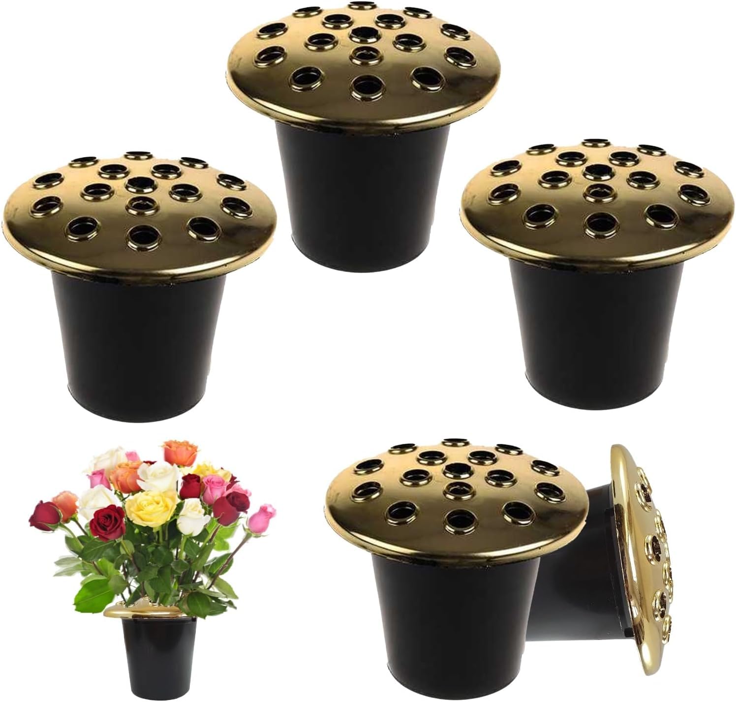 Homesecret Grave Flower Holders Set of 5, Memorial Vases for Graves with Gold Lids, Strong Plastic Grave Flower Pots Insert in Grave-side, Grave Vase for Grave Decorations