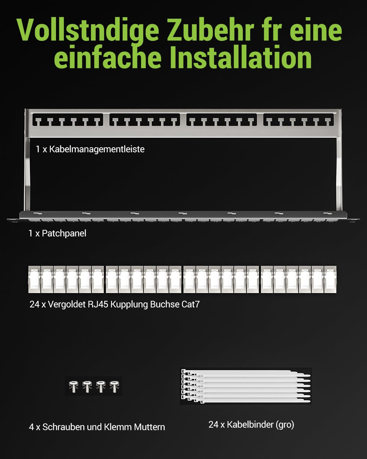 24 Port CAT7 Patchpanel mit 24 x Vergoldet Cat7 keystone rj45 kupplung, 10 Gbit/s 600MHz, Geschirmtes Keystone Patchpanel, 19 Zoll patchpanel mit EMI/RFI-Schutz und Kabelmanagement-Kit