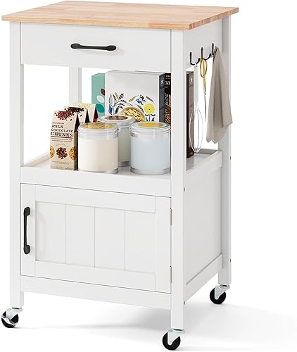 Giantex Carrito de cocina con almacenamiento, pequeña isla de cocina con ruedas, con cajón, 3 ganchos, carrito rodante con encimera de carnicero de