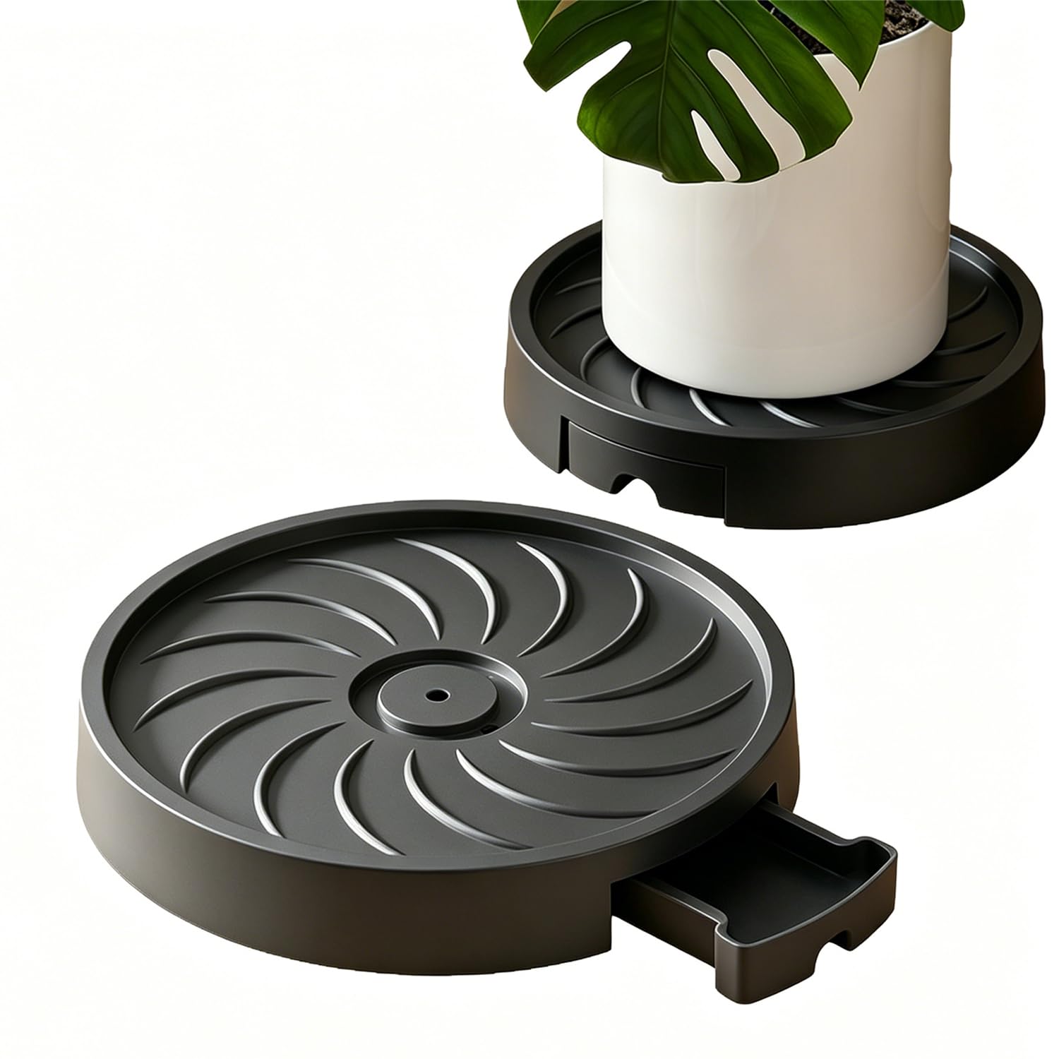 Ianulus Mobile Plant Pot Saucer with Wheels, 360° Rotating Heavy Duty Plastic Plant Caddy with Hidden Water Tray, Round Rolling Plant Stand for Indoor/Outdoor, Strong PP Material (Black, 26cm)