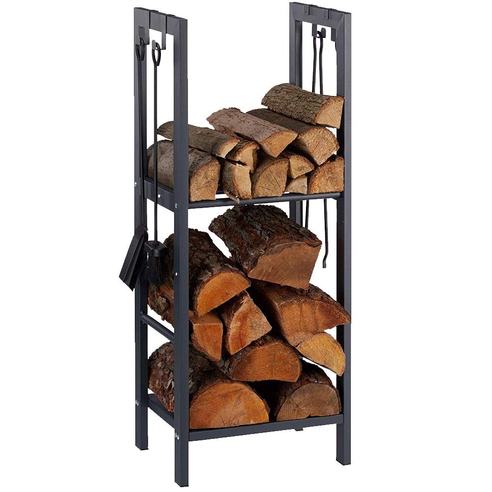 BAKAJI Leñera vertical soporte estantería de metal porta leña 2 estantes de interior exterior leñera casa jardín para chimenea, chimenea, estufa de diseño moderno (100 x 40 x 30 cm)