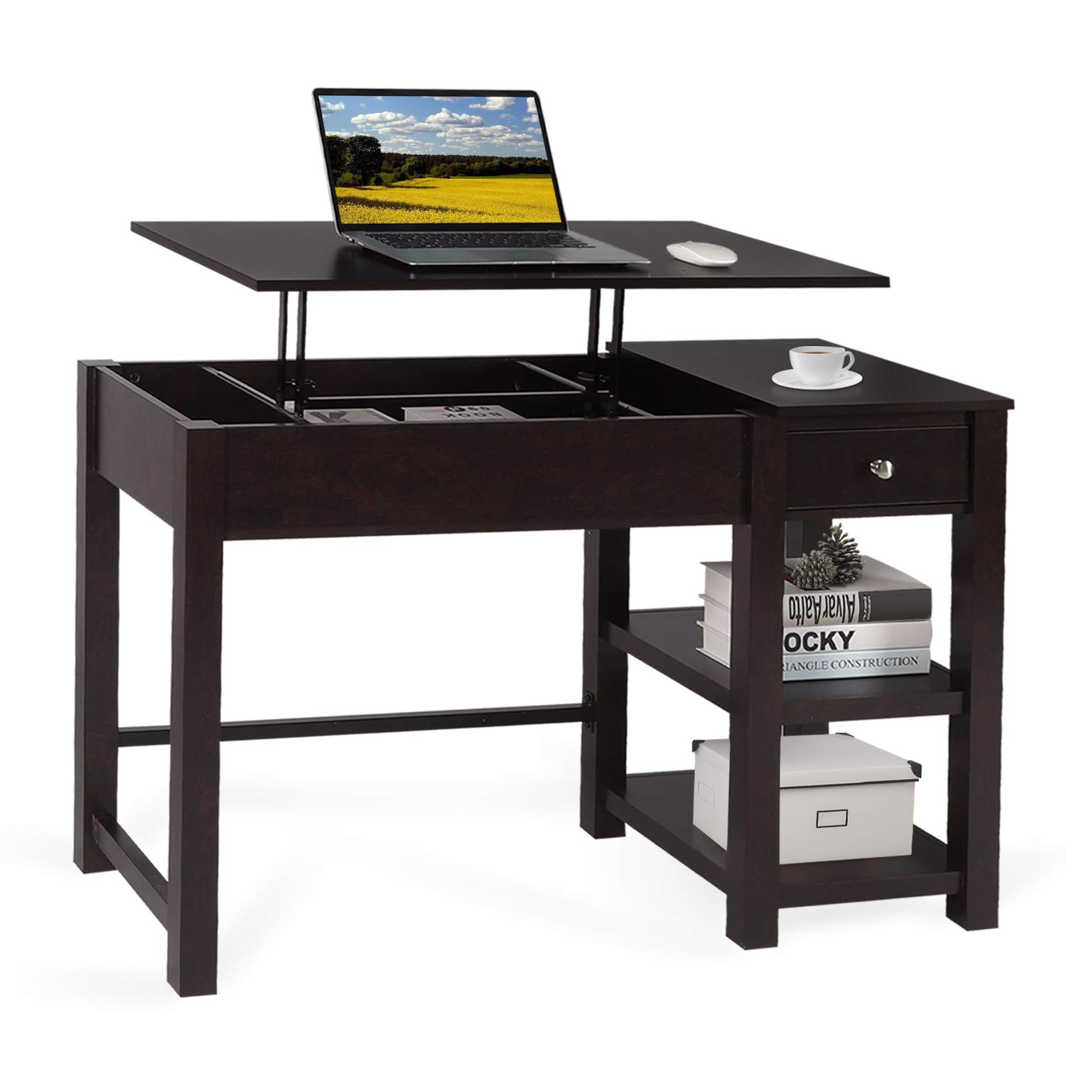 Buy COZUHAUSE 47 Inch Lift Top Desktop Modern Home Office Desk with 2 Shelves and 2 Large