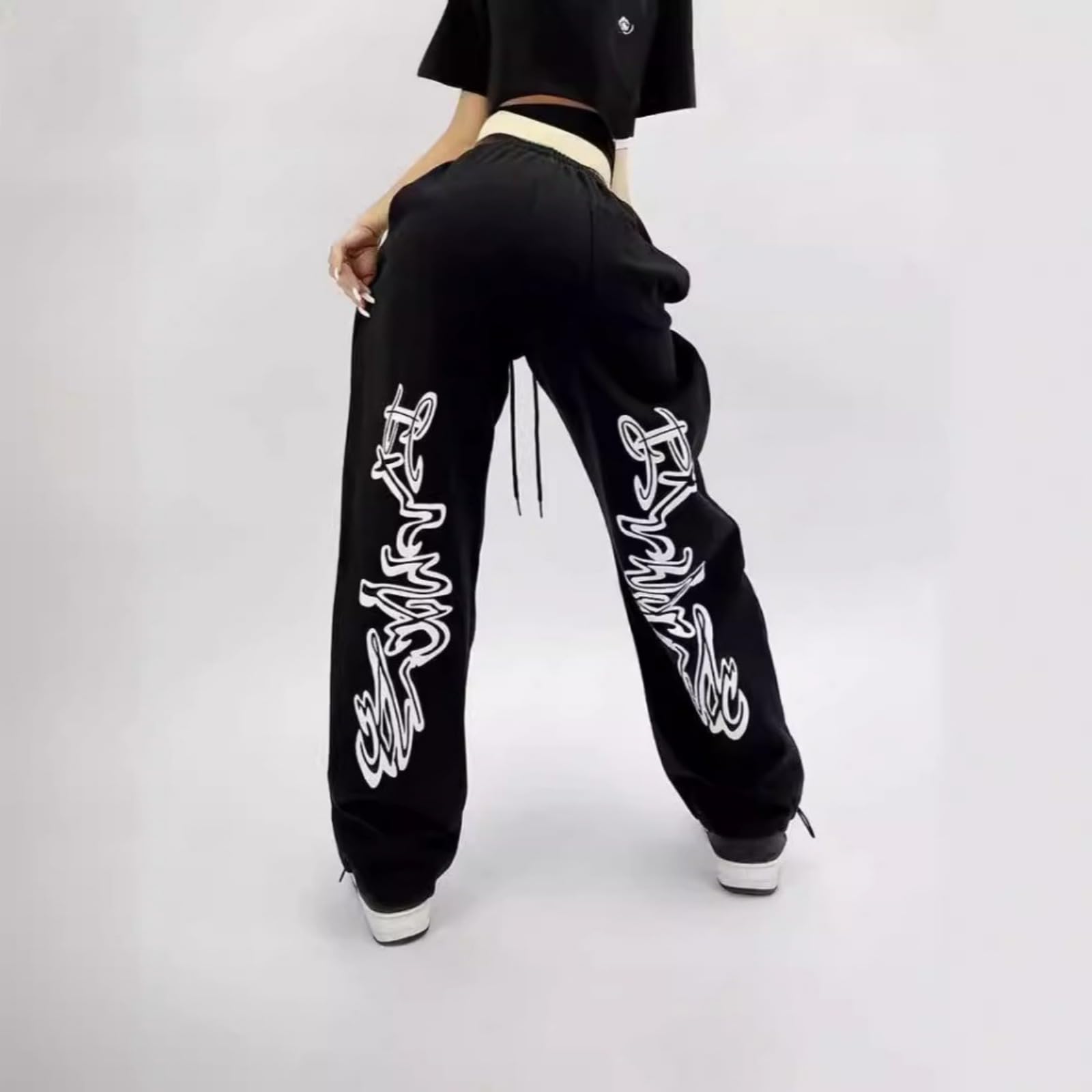 Pantalones deportivos de baile hip hop, ajuste holgado, estampado de graffiti, cintura elástica, color blanco y negro, S-3XL