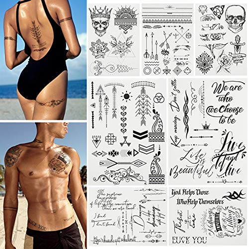 Temporary Tattoos Body Art Stickers - 100 Unique Black Fashion Various Designs Words Qoutes Marks Temp Tats Fake Waterproof Removable Stickers Party Vacation Tatts Flowers Skull Symbol 9 Sheets