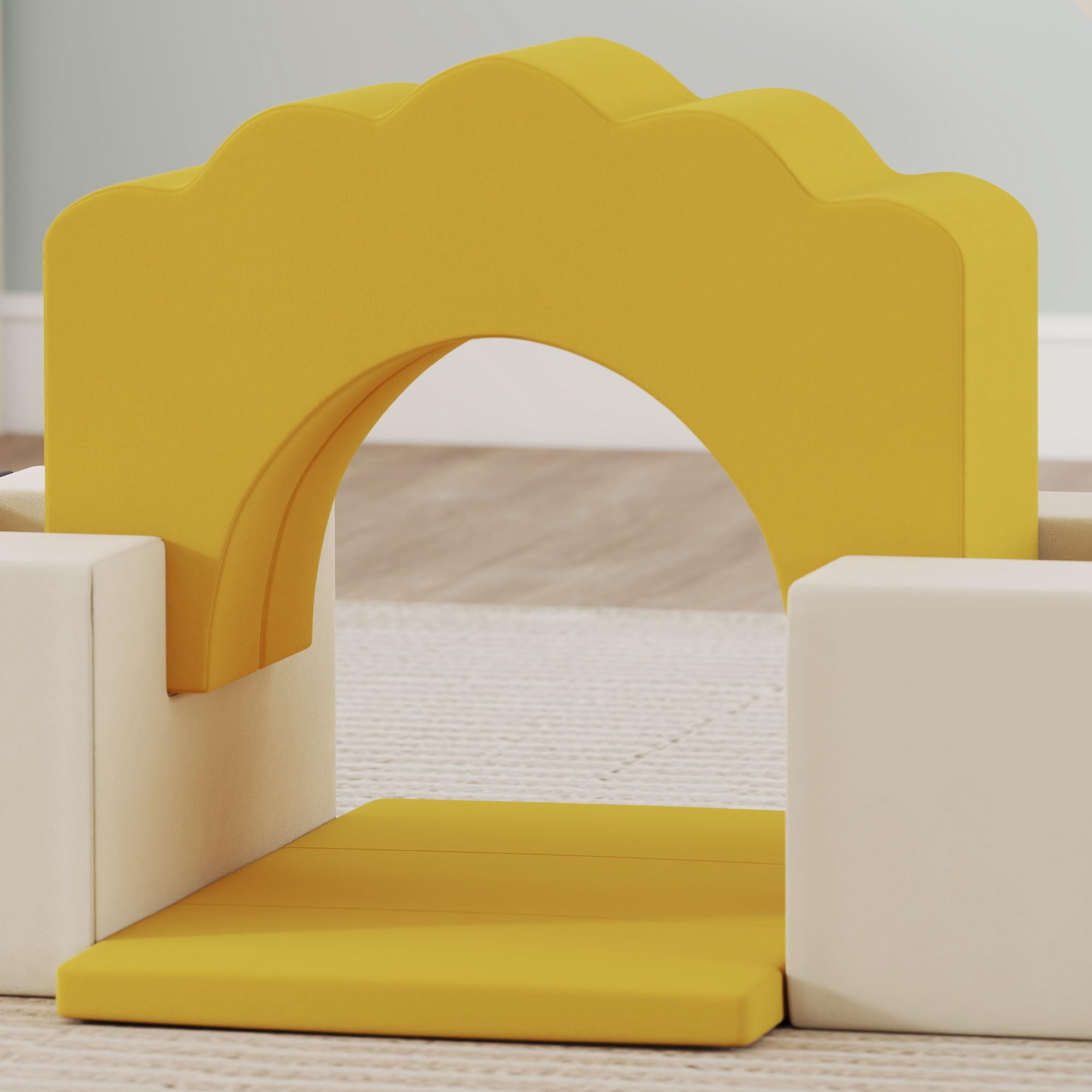 AIYAPLAY Parcours motricité bébé modulable, Blocs Mousse éducatifs, 7 pièces avec Housse Lavable en Velours, Base antidérapante, Jeu de motricité intérieure pour Enfants 6 Mois à 3 Ans, Jaune