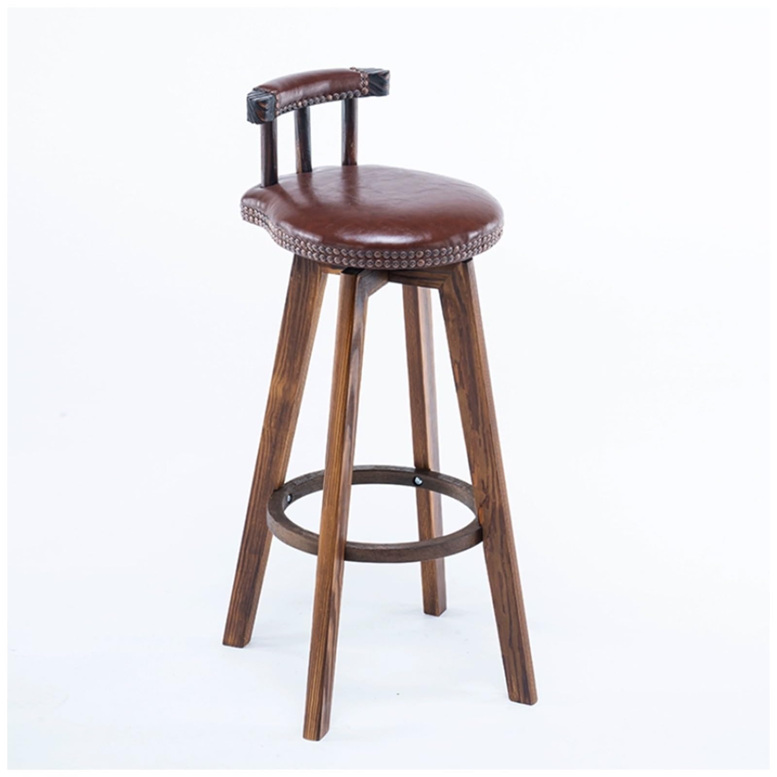 Wooden Bar Stool, 360° Swivel High Barchair, with Genuine Leather Upholstered and Back, Ideal for Counters, Home Bars, and Kitchen Islands(Dark Brown,63cm/24.8in)