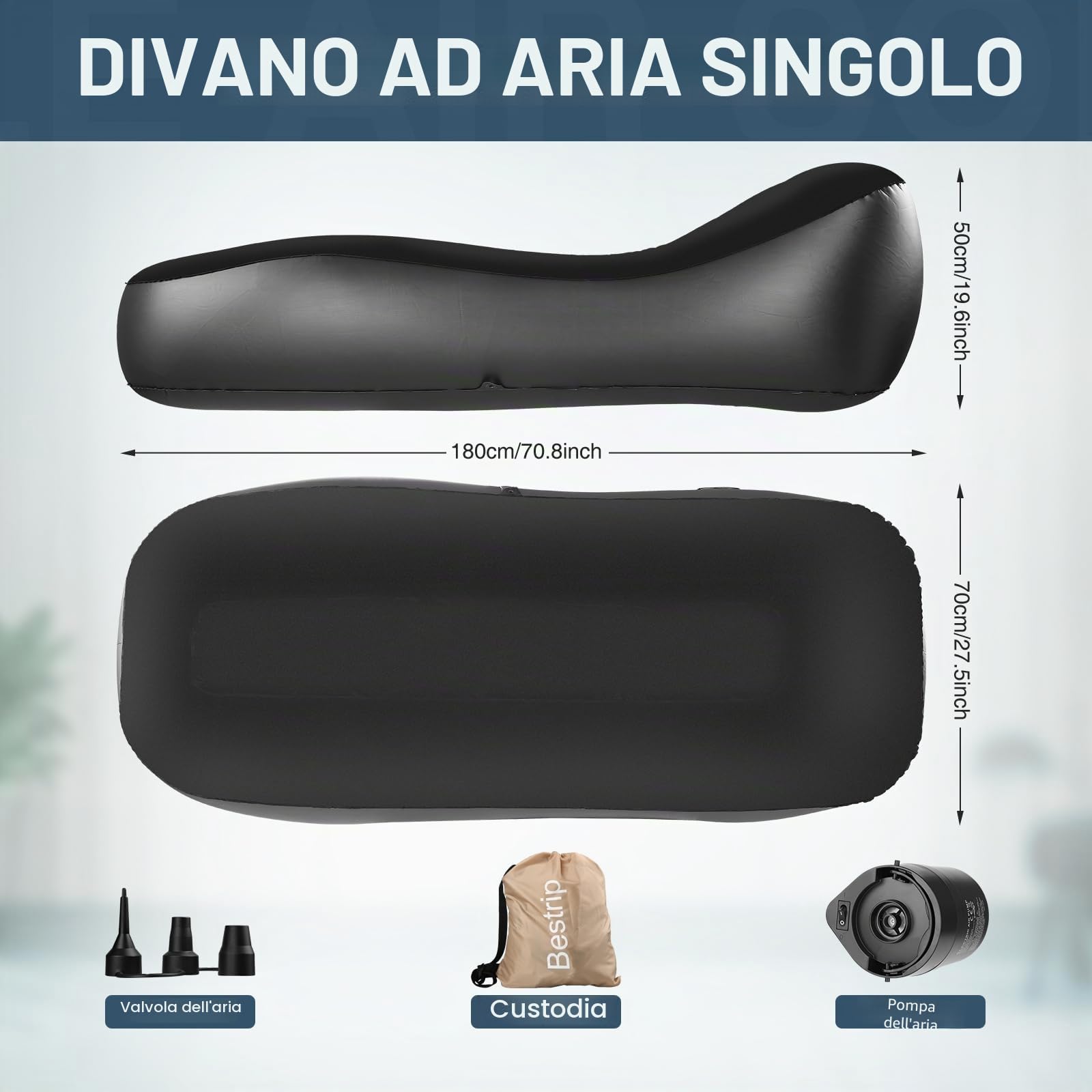 Bestrip Divano Gonfiabile, Lettino Gonfiabile, Materasso ad Aria con Pompa Elettrica Integrata, Divano Gonfiabile da Campeggio, Adatto per Interni ed Esterni (180 * 70 * 50 cm)