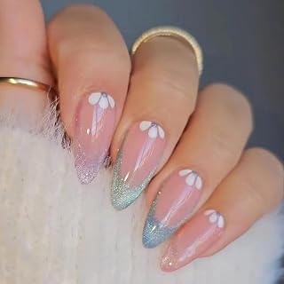 Ceboic 24 Pieces Press on Nail French, Medium Almond Nail Stick with Flowers, Aurora Shiny Artificial Nails, Spring Summer Acrylic Full Cover Nails for Paste for Women