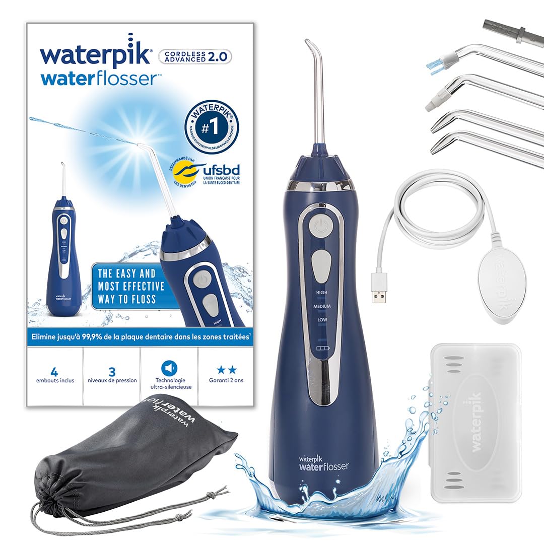 Waterpik Advanced - Hydropulseur Dentaire Sans Fil, Jet Dentaire Portable Rechargeable avec Câble USB, Élimine la Plaque, 3 Niveaux de Pression, Bleu (WP-​583EU)
