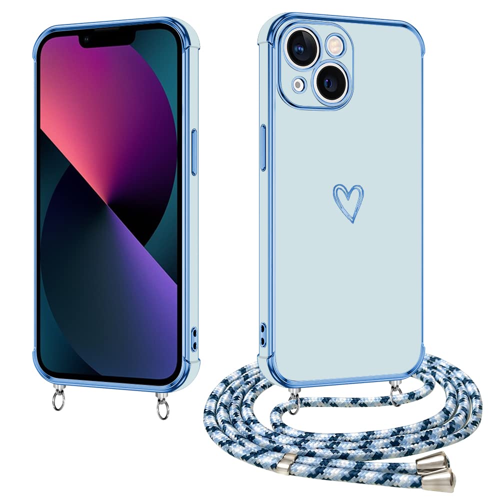 E-Lush Handyhlle fr iPhone 13 Hlle mit Band, Handy Hlle fr iPhone 13  mit Kette Schutzhlle Herz Muster Galvanik Silikon Stossfest Case mit  Kordel zum Umhngen Kameraschutz Cover, Blau: Amazon.de: Elektronik &