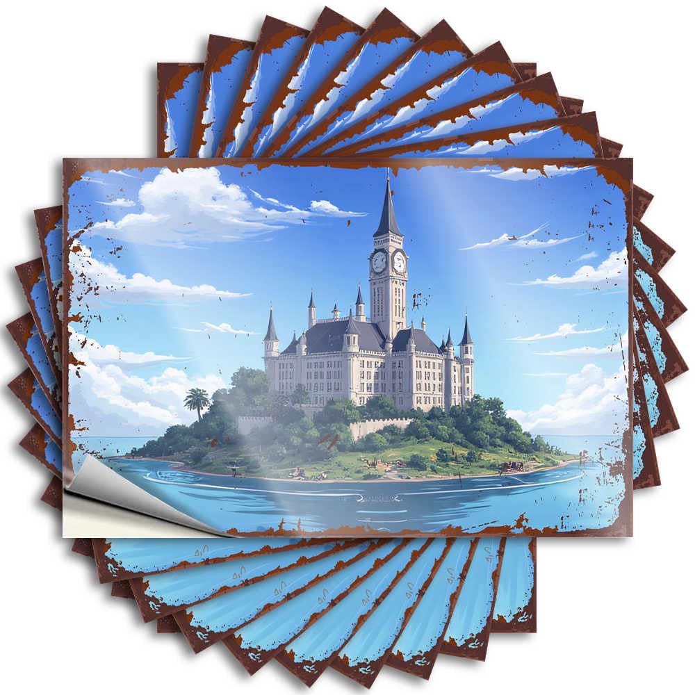 Funny Sticker Helmet Fall Castle On The Island with Clock Tower for Teacher - At Home Decor Easy Peel Removable(12X18CM)