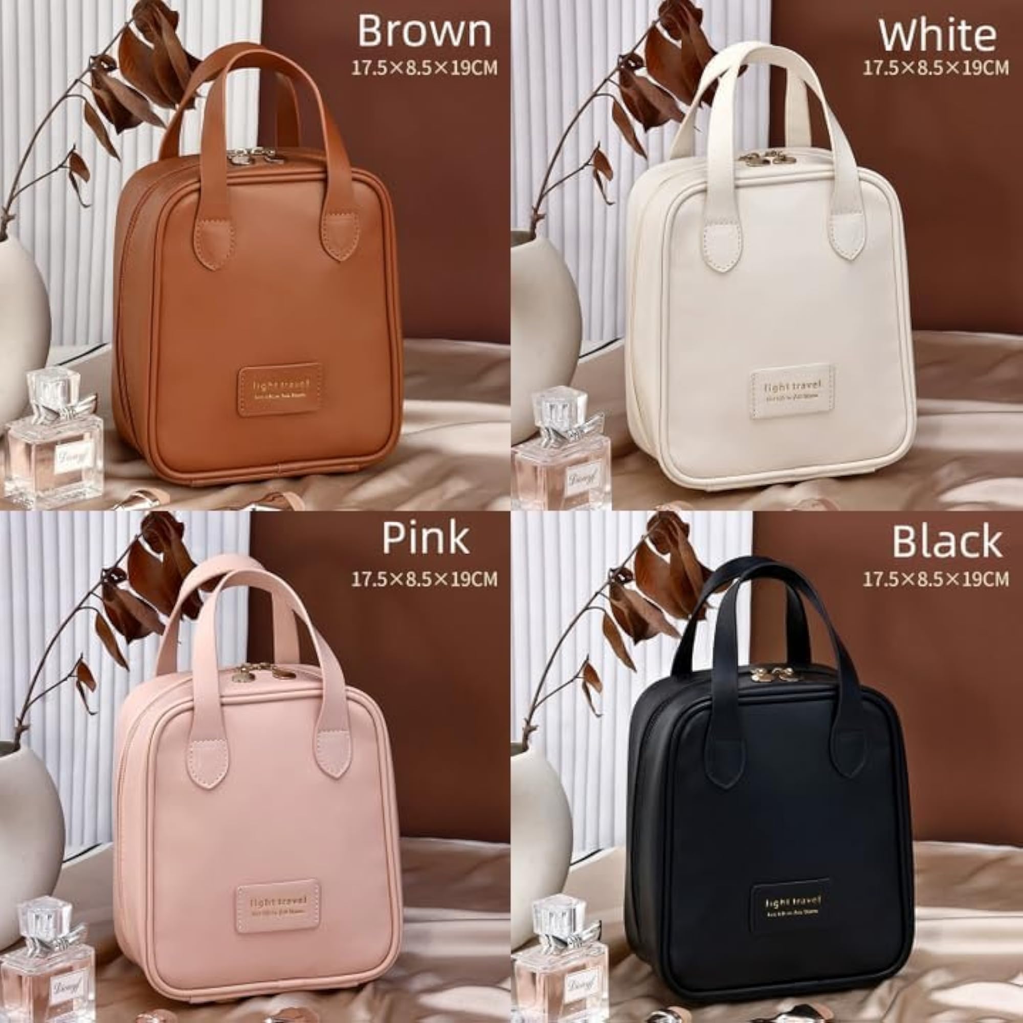 Waterproof Leather Travel Makeup Bag, Zipper Closure