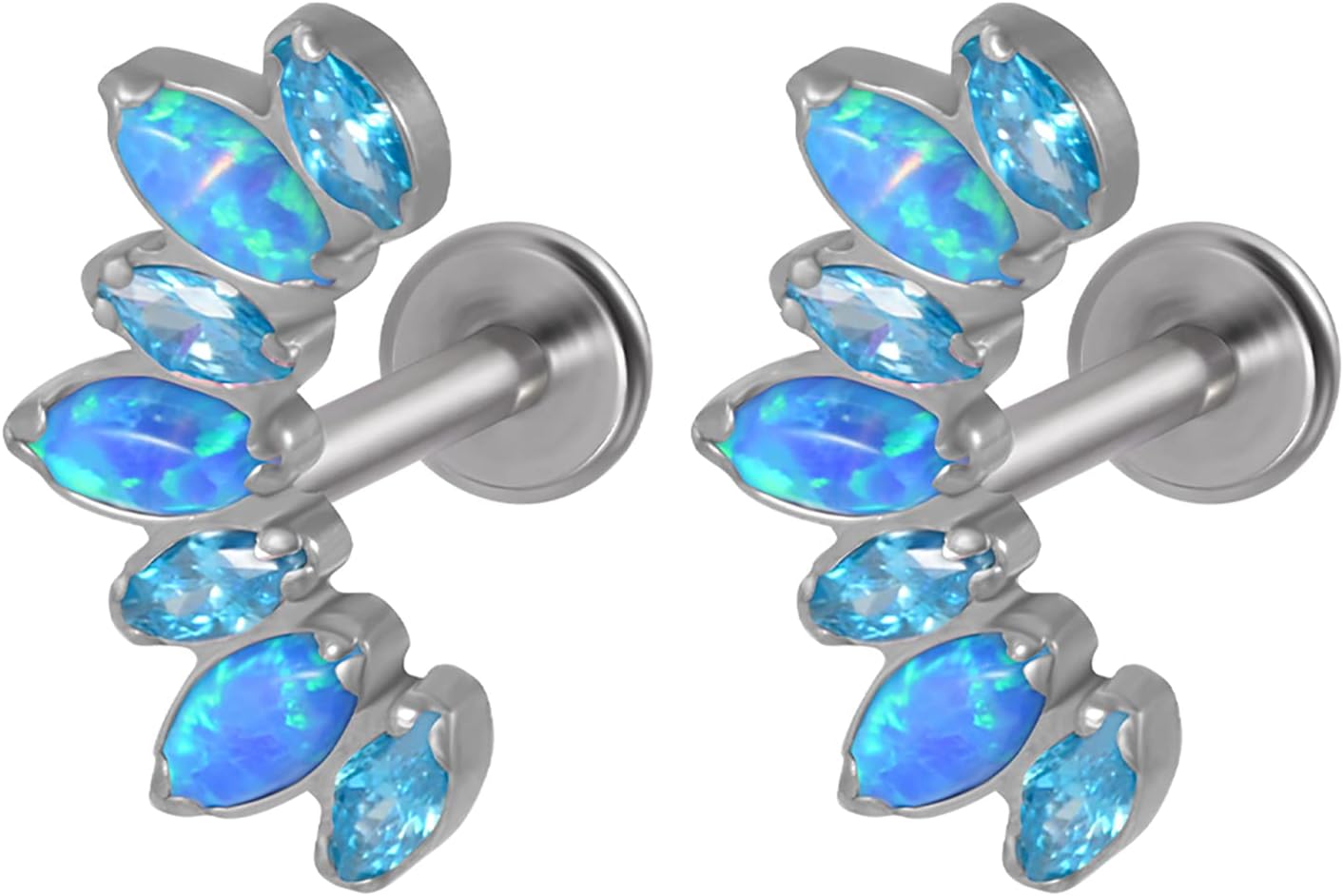 PAIR 100% ASTM F136 Titanium 7 Marquis Zircon Labret Lip Ring Internal Thread Artificial Opal Ear Cartilage Tragus Helix Daith Piercing Jewelry